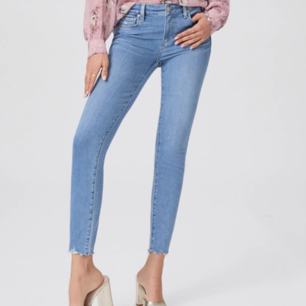 Paige Skyline ankle mid rise jeans raw grand hem say anything distressed Sz 31